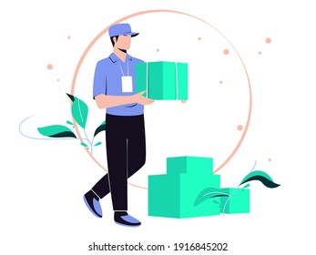 Fast delivery. Couriers provide delivery of goods or postal parcels to the address. Vector illustration.