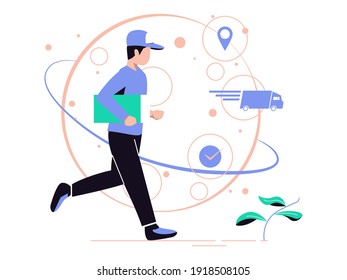 Fast delivery. Couriers send goods or postal packages by express. Vector illustration.