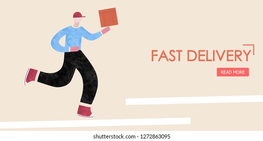 Fast delivery. Deliveryman runs with a box in his hands. Concepts for website and applications. Modern vector flat illustration. 