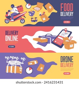 Fast delivery design concept, banners with cartoon style vector illustration. Courier on a motorbike, pizza, food, boxes and parcels. Design template for delivery service.