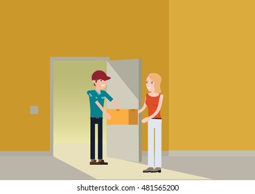 Fast Delivery the Door By Courier. Flat Vector Illustration.
