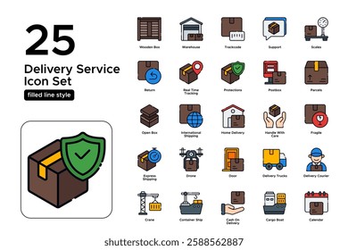 Fast Delivery and E-commerce Logistics. Shipping, Tracking, and Online Orders. Vector Illustration. FIlled line icon set