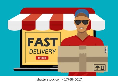 Entrega rápida. Parcela de entrega electrónica con portátil. Concepto de entrega gratuita, pantalla portátil, mensajero, cajas.  Ordenación en línea de paquetes en vector plano. Entrega gratuita.
