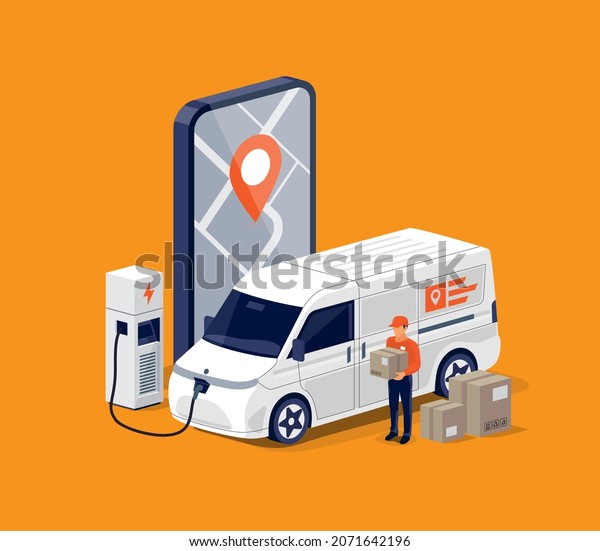 Fast delivery electric van parcel mail service\
with tracking smartphone mobile phone map app on screen. Cargo\
shipping truck vehicle charging with man holding box package gift.\
Express freight supply.