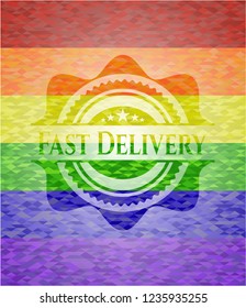 Fast Delivery emblem on mosaic background with the colors of the LGBT flag