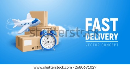 Fast delivery, express delivery, airmail conceptual banner template. 3D Cardboard boxes, parcels, with blue alarm clock, flying plane on blue background. Transport logistics. Vector illustration