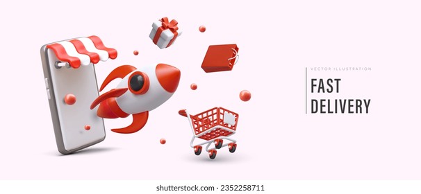 Fast delivery. Express courier services. Rocket takes off from giant smartphone. Realistic shopping cart, package, gift box. Color template for landing page