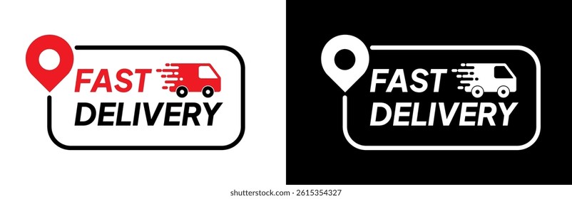 Fast delivery. Express delivery. Free shipping. Shipping expedition. Package delivery. One day shipping. Pin map and van icon. Flat design vector illustration.	