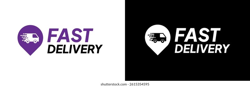 Fast delivery. Express delivery. Free shipping. Shipping expedition. Package delivery. One day shipping. Pin map and van icon. Flat design vector illustration.	