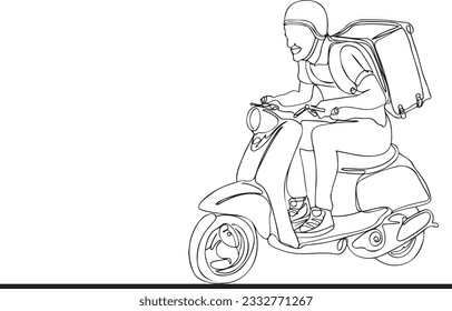 Fast Delivery Express Outline Sketch of Young Courier on Moped, Vector Illustration of Young Courier on Moped, Speedy Home Delivery, Express Delivery Service, Moped Courier Illustration