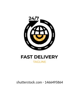 Fast delivery flat icon. Globe, truck tire and road arrow with text 24 hour/ 7 days on white background. Express shipping services sign. Vector business transport illustration