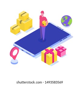 Fast delivery flat isometric concept. The Courier stays with parcel. Vector illustration.