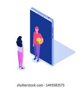 Fast delivery flat isometric concept. The Courier stays with parcel. Vector illustration.