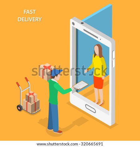 Fast delivery flat isometric low poly vector concept. The Courier stays with the parcel near the door that looks like a smartphone and gives the parcel to the customer.