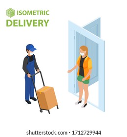 Fast delivery flat isometric vector concept. The Courier stays with the parcel near the door and gives the parcel to the customer. isometric illustration.