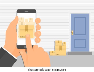 Fast delivery flat isometric vector concept. Fast shipping to the door of your house. 