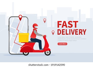 Fast delivery in flat style. Food delivery service. The courier rides a motorbike with the goods.