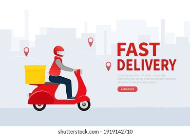 Fast delivery in flat style. Food delivery service. The courier rides a motorbike with the goods.