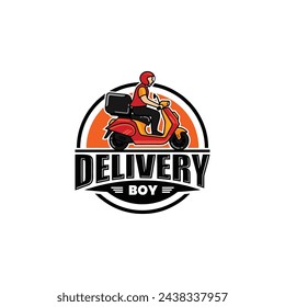 Fast delivery in flat style, Food delivery service The courier rides a motorbike with the goods. Delivery  Courier Motorbike Logo, Scooter delivery esport Icon  Symbol Vector Template