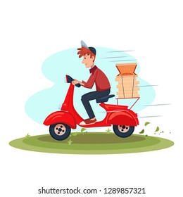 Fast Delivery food service by courier. Young Man riding scooter with pizza. Vector cartoon character illustration.