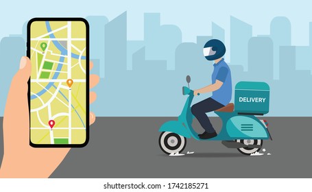 Fast delivery. Food service by scooter. Vector cartoon illustration. 