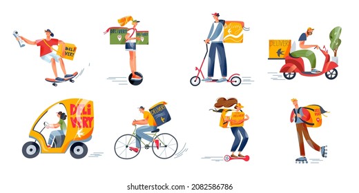 Fast delivery, free express service set vector illustration. Cartoon courier characters deliver order, holding box parcel, people using scooter bicycle skate personal transport isolated on white