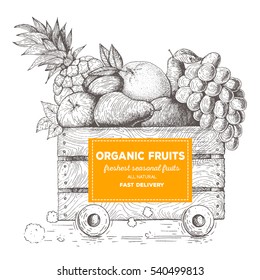 Fast delivery of fresh fruits. The box on wheels with fruits. Delivery of organic food. Conceptual image, drawn in ink.