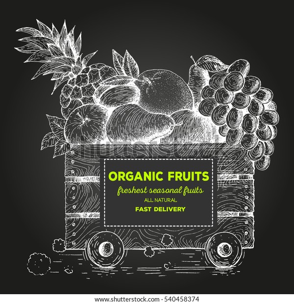 Fast\
delivery of fresh fruits. The box on wheels with fruits. Delivery\
of organic food. Conceptual image, drawn in\
ink.