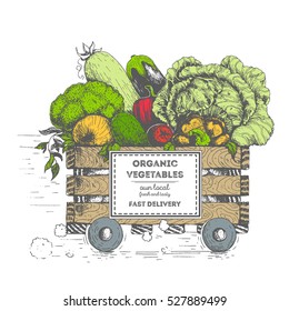 Fast delivery of fresh vegetables. The box on wheels with vegetables. Delivery of organic food. Conceptual image, drawn in ink