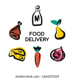 Fast delivery of fresh vegetables from the farm.Delivery of organic food. Conceptual hand-drawn image.Vegetables,cheese,dairy products,meat and fruit. for posters,banners on the Internet,car stickers