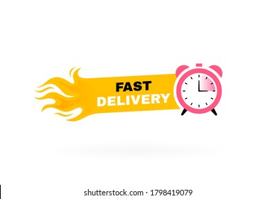 Fast delivery geometric badge with stopwatch label and fire. Delivery concept. Modern Vector illustration.