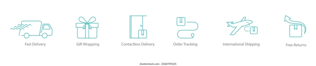 Fast Delivery, Gift Wrapping, Contactless Delivery, Order Tracking, International Shipping, Free Returns Icon Set