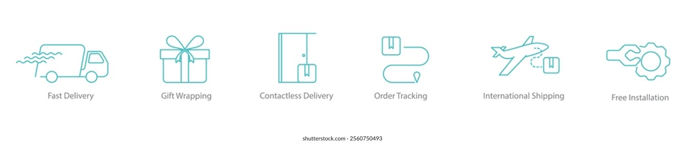 Fast Delivery, Gift Wrapping, Contactless Delivery, Order Tracking, International Shipping, Free Installation Icon Set