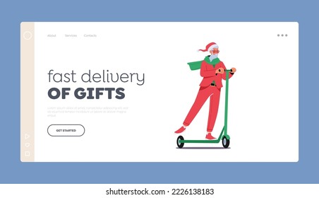 Fast Delivery of Gifts Landing Page Template. Santa Claus Christmas Character Riding Electric Scooter. Father Noel in Stylish Suit, Hurry to Kids on Eco Transport. Cartoon People Vector Illustration