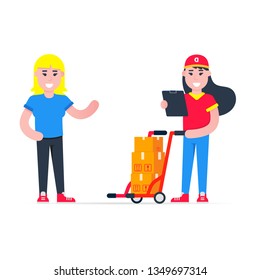 Fast delivery girl character with clipboard and trolley and boxes on it flat style design standing near woman recipient vector illustration. Delivery woman with clipboard in her hands. Fast and free.