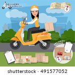 Fast delivery. Delivery Girl Ride Motorcycle Service, Order, Worldwide Shipping, Free Transport. vector illustration eps10