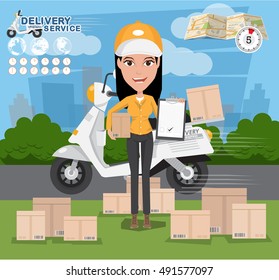 Fast delivery. Delivery Girl Ride Motorcycle Service, Order, Worldwide Shipping, Free Transport. vector illustration eps10