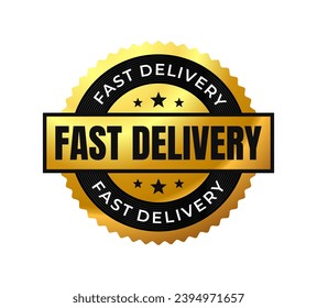 Fast delivery gold circular label badge isolated on white. Vector Illustration