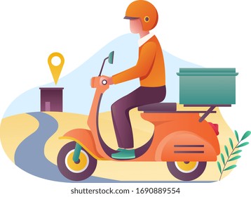 Fast delivery of goods by scooter. The concept of e-commerce. Web pages, application design. Vector illustration