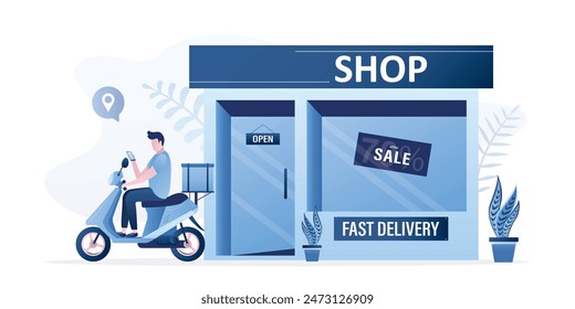 Entrega rápida de bienes o alimentos desde la tienda. Un mensajero en moto sale de la puerta de la tienda. Comercio en línea, comercio electrónico. El servicio de entrega entrega cajas de mercancías a los Clientes. Vector plano