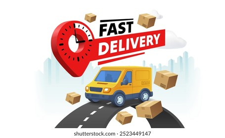 fast delivery of goods, parcel transportation, express service, label emblem. Vector illustration