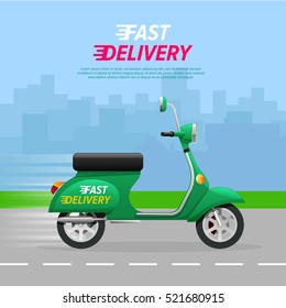 Fast Delivery. Green motorcycle on asphalt road. Contemporary fast two-wheeled mean of transportation driving quickly through city. A lot of high buildings in flat design on blue background. Vector