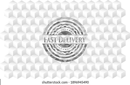 Fast Delivery grey emblem with cube white background. 