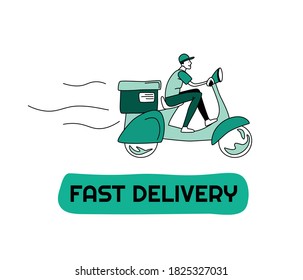 Entrega rápida. Un tipo en una motocicleta entrega comida rápidamente. Ilustración. Diseño plano. 