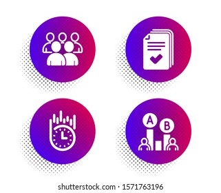 Fast delivery, Handout and Group icons simple set. Halftone dots button. Ab testing sign. Stopwatch, Documents example, Developers. Test chart. Technology set. Classic flat fast delivery icon. Vector