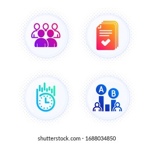 Fast delivery, Handout and Group icons simple set. Button with halftone dots. Ab testing sign. Stopwatch, Documents example, Developers. Test chart. Technology set. Vector