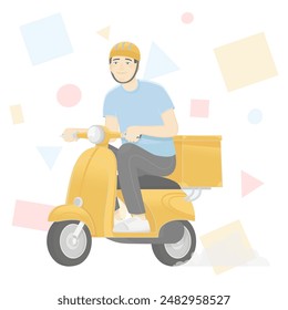 Fast delivery. Happy courier rides a scooter and carries package. Delivery service. Vector illustration