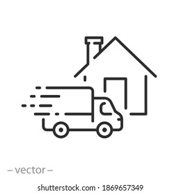 icono de entrega rápida en casa, camión de servicios de comercio, express de pedidos, movimiento rápido, símbolo de línea en fondo blanco - ilustración de vector de trazo editable eps10