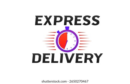 Ícone de entrega rápida. Cronômetro abstrato e ilustração de carga para super transporte e correio. Logotipo de conceito de negócios com design de emblema plano para web shop, aplicativo de loja ou banner de transporte.

