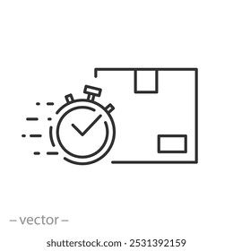 Icono de entrega rápida, caja con cronómetro, Ilustración vectorial de línea delgada